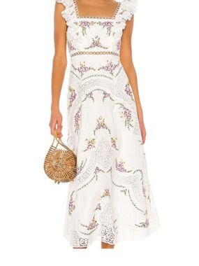 Zimmermann Allia Cross Stitch| Ivory Floral Lace Maxi Dress with Pink Embroidery